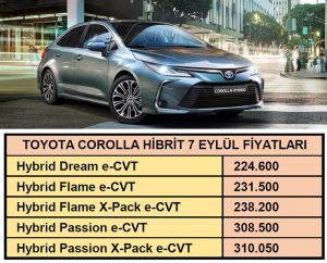 Toyota Corolla Hibrit Fiyatları Eylül
