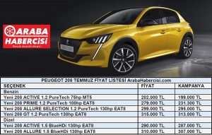 Peugeot 208 fiyat listesi Temmuz