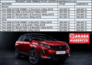 Peugeot 3008 fiyat listesi Temmuz