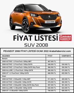 2022 Peugeot 2008 fiyat listesi