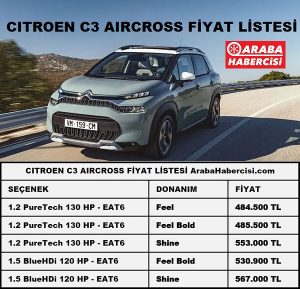 2022 Citroen C3 Aircross fiyat listesi