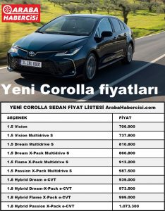 Yeni Toyota Corolla Sedan fiyat listesi