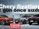 Chery fiyat listesi Mart 2023.