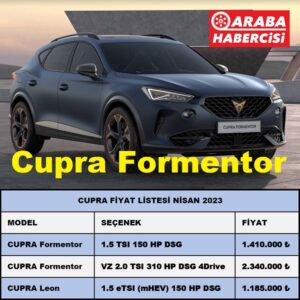 CUPRA Formentor Fiyat Listesi Nisan 2023