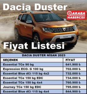 Dacia Duster Fiyat Listesi Nisan 2023