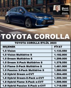 Toyota Corolla Fiyat Listesi Eylül 2023