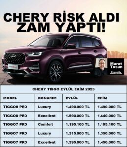 Chery Fiyat Listesi Ekim 2023