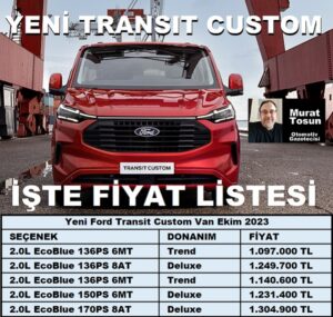 Yeni Ford Transit Custom Fiyat Listesi