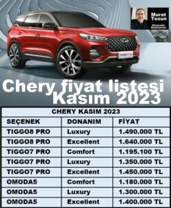 Chery Fiyat Listesi Kasım 2023