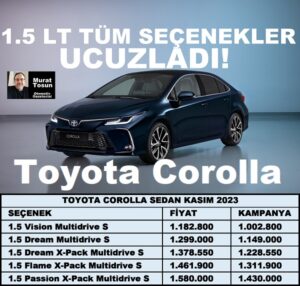 Toyota Corolla Fiyat Listesi Kasım 2023