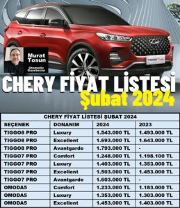 Chery Fiyat Listesi 2024 Şubat