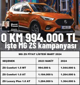2024 MG ZS Fiyat Listesi Mart
