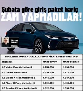 Toyota Corolla Fiyat Listesi Mart 2024