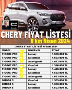 Chery Fiyat Listesi Nisan 2024