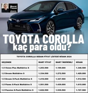 Toyota Corolla Fiyat Listesi Nisan 2024